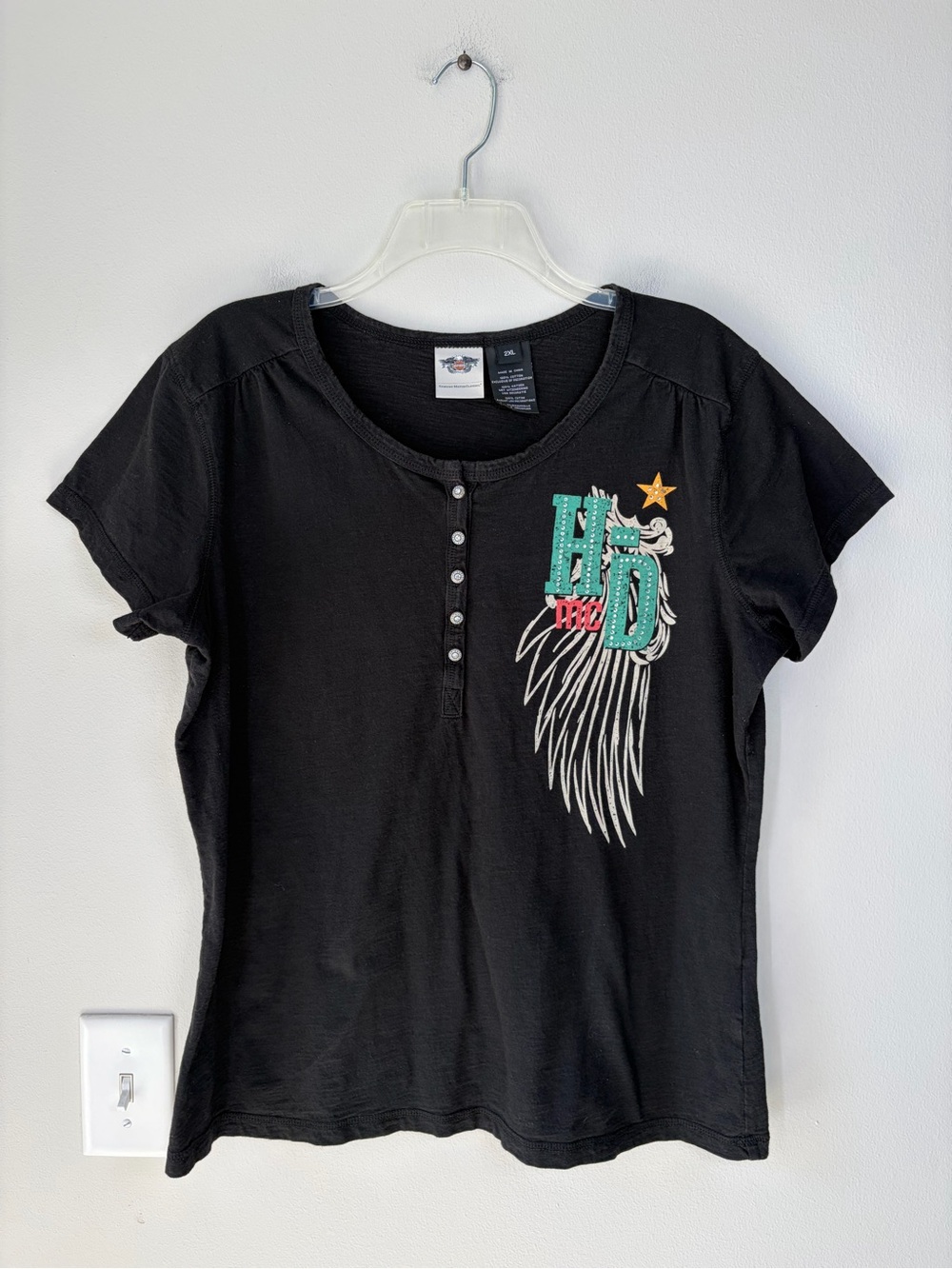 Harley Davidson Black Short Sleeve Rhinestone Henley Top Size 2XL